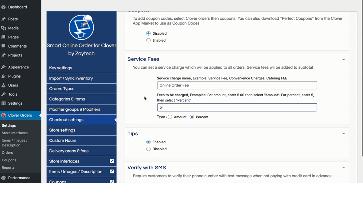 How to add Service Fees Smart Online Order for Clover